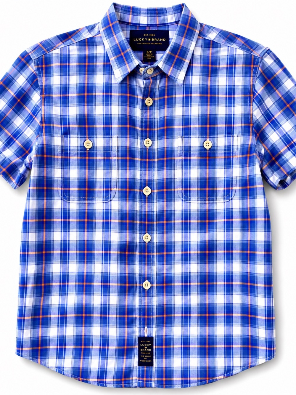 Lucky Brand Blue, White & Orange Plaid Short Sleeve Shirt